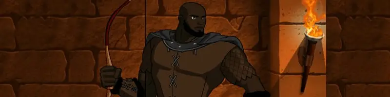 Imagem cortada com homem negro careca ao lado de uma tocha acesa